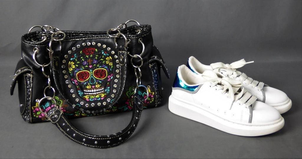 Alexander McQueen Sneakers (40) Ed Hardy Handbag: Alexander McQueen White Sneakers (Size 40- 9 1/2) and Ed Hardy Style Handbag with Scull. Good preowned condition, some wear to bag strap.