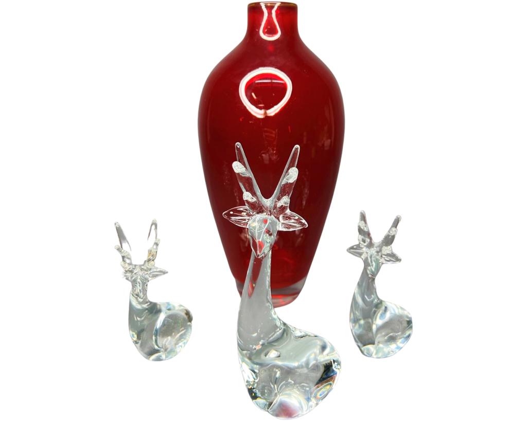 Art Glass Antelope Figurines & Hand Blown Red Vase: Lot of 3 Art Glass Entelope Figurines and Red Hand Blown Glass Vase. 6"-13" tall. All are in good condition.