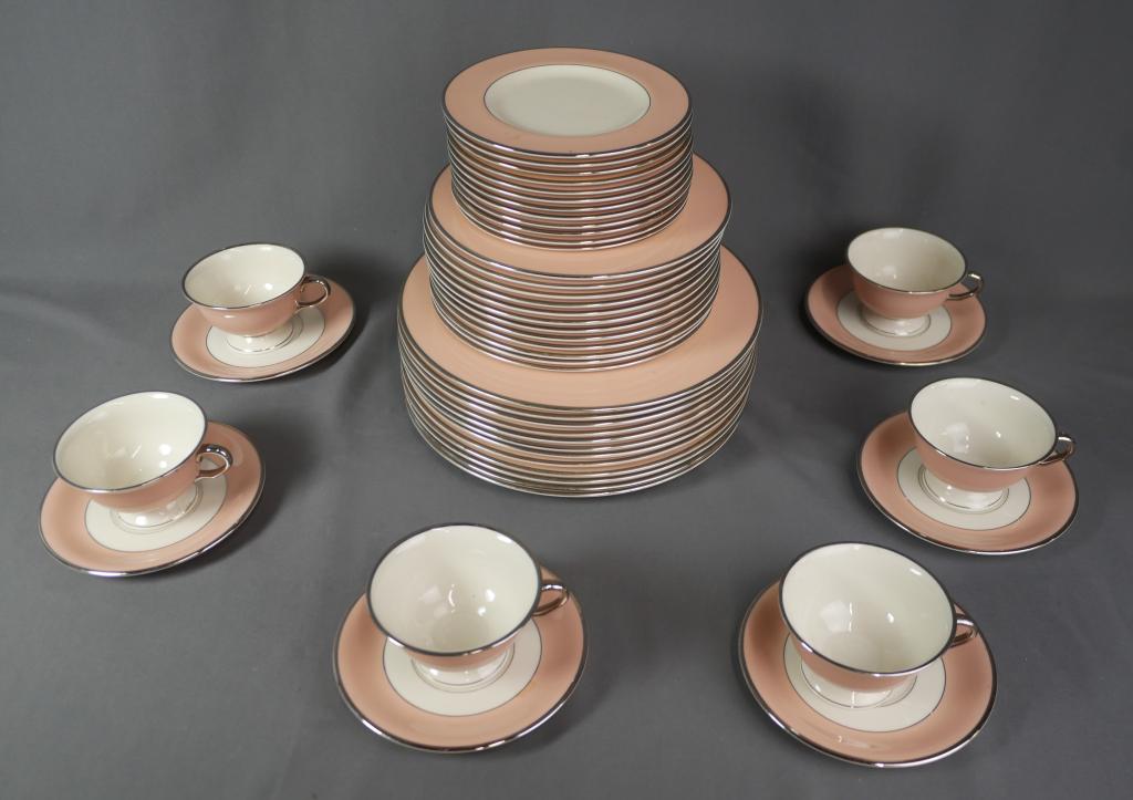 Pickard China Coral Mist Dinner Set Service for 12: Vintage Pickard China "Coral Mist" Dinner Set. Includes 12 Dinner Plates; 12 12 Salad Plates; 12 Desert Plates and 6 Cups with Saucers. All are in good condition.