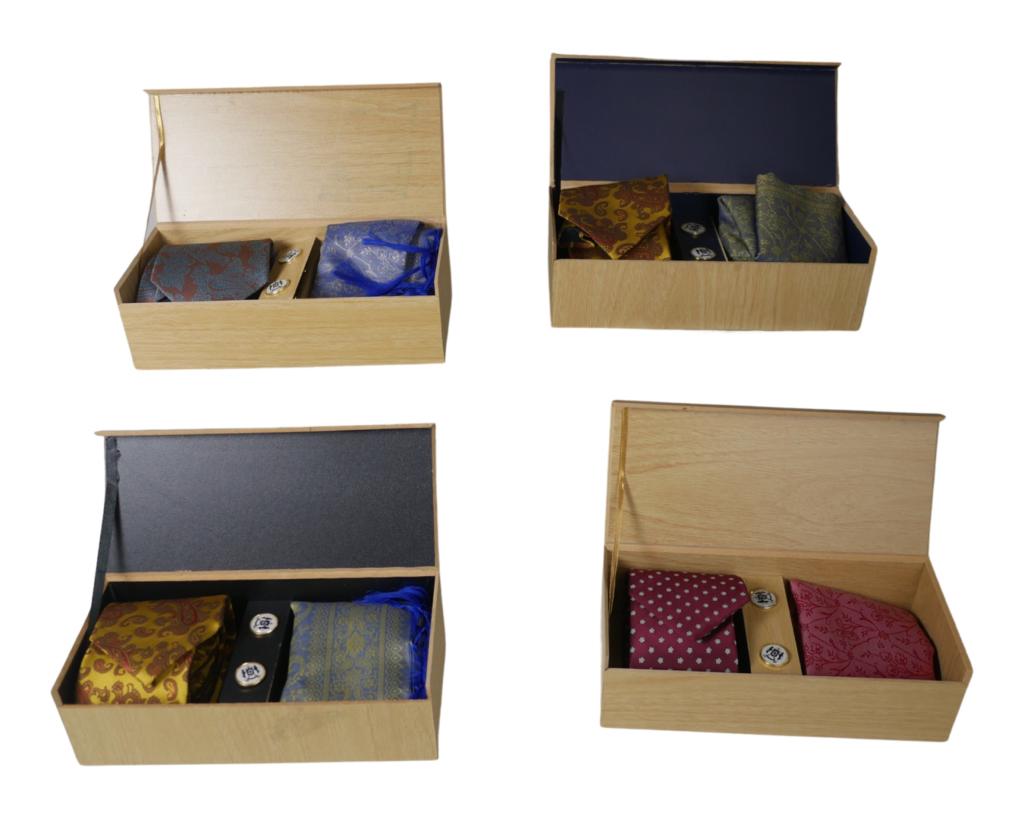 4 Gentlemen's Sets- Silk Ties, Scarf, Cufflinks: 4 Gentlemen's Sets- Each has Silk Tie, Scarf, Cufflinks. Each comes in wooden crate. New