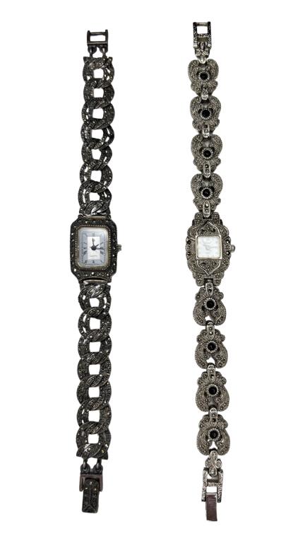 Sterling Silver & Marcasite Ladies Wrist Watches: Two Elegant Ladies Wrist Watches,. One is Sterling Silver and second is Marcasite. Botha rein good overall condition, untested.