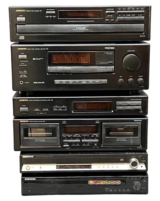 Onkyo & Samsung Home Audio Electronics: Onkyo & Samsung Home Audio Electronics including Onkyo DX-C120 CD Changer; Onkyo ASV-620 Audio Video Control Amplifier; Onkyo T-4010 AM/ FM Tuner; Onkyo TA-RW111 Cassette Tape Deck ; Samsung HT-TQ85 D