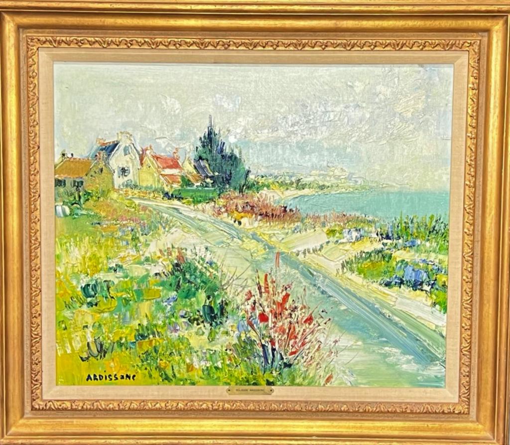 Yolande Ardissone- Village Landscape Oil Painting: Yolande Ardissone (born 1927, France). French Coastal Village Landscape. Oil on Canvas. Signed lower left corner. Measures 29" x 33" framed. Good Condition.