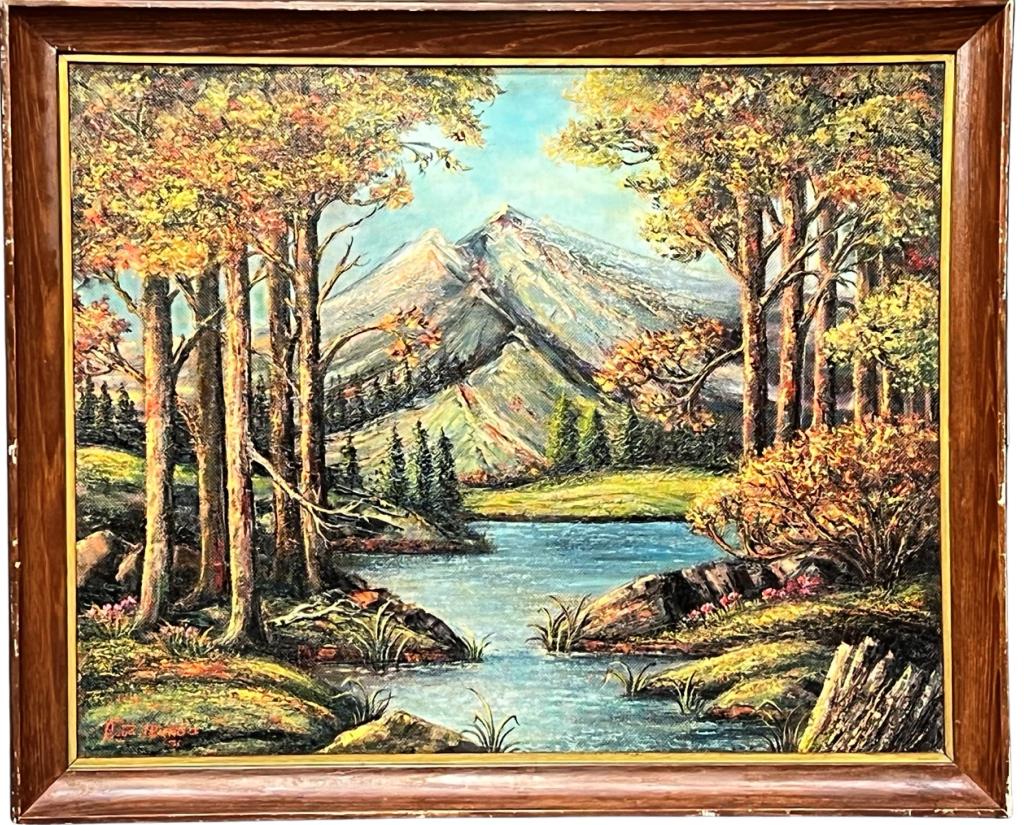 Lloyd J. Bunda Mountain Landscape Oil Painting: Lloyd J. Bunda (20th Century, American). Mountain Landscape Oil Painting. Signed lower right corner and dated '71. Measures 28" x 34" framed. Good Condition.