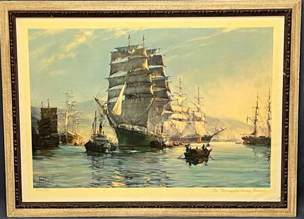 Montague Dawson- Thermopylae Clipper Ship Art: Montague J. Dawson (1890 - 1973, England). 1962 "The Thermopylae Leaving Foochow" Print published by Frost & Reed Ltd of Bristol & London. Measures 36" x 27". Good Condition.