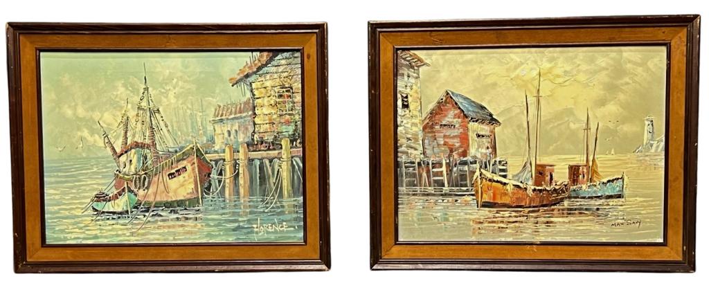 Two Boat Harbor Scene Oil Painting- Max Savy, Flon: Two Fishermen Boats at Harbor Oil Paintings. One is by Max Savy (1918-2010/ France) and Second is by Florence (20th Century/ American). Measure 19" x 15" framed. Both are in good Condition.
