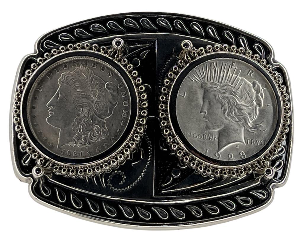 1921 Morgan & 1923 Peace Silver Dollar Belt Buckle: Southwest Style Belt Buckle with Inserted 1921 Morgan and 1923 Peace Silver Dollar Coins. Good Condition.