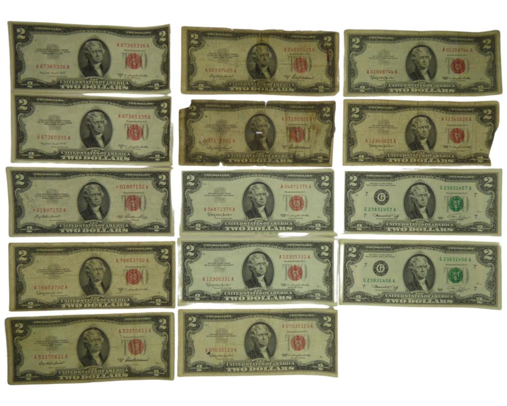 1953, 1963 & '76 US 2 Dollars Banknotes- Lot of 14 (1 of 8)
