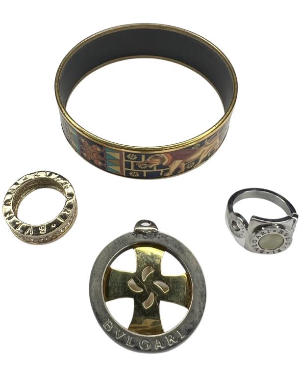 Bulgari Designer Rings & Pendants, Enamel Hermes: Two Bulgari Rings- both size 8 and Bulgari Pendant. Come with Enamel Hermes Style "Egyptian Lion" Bracelet. Good Condition.