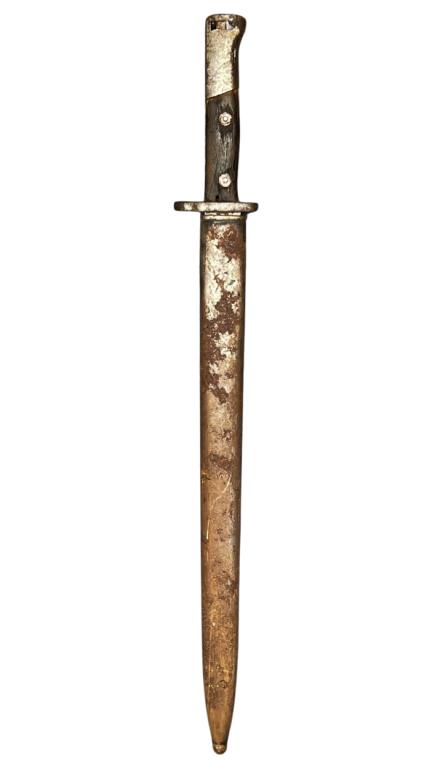 WWI Mauser Bayonet w/ Scabbard: WWI period Mauser Bayonet by unknown maker. No makers mark. Number 2802-R on handle. Shows wear, needs to be cleaned. 21" long.