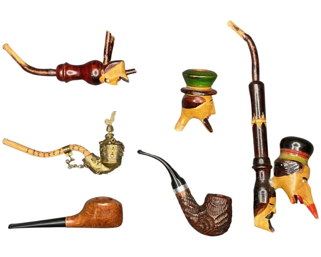 Lot of Vintage Carved Smoking Pipes: Group of Vintage Smoking Pipes including Certified Purex LHS Pipe and Carved Folk Art Pipes.