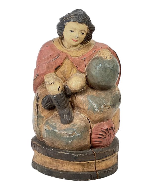 Antique Carved Wood Polychromed Santo Nino Figure: Antique Mexican Carved and Polychromed Wood Santo Nino Figure. Measure 11" x 6" x 6". Good overall condition, natural crack on verso.