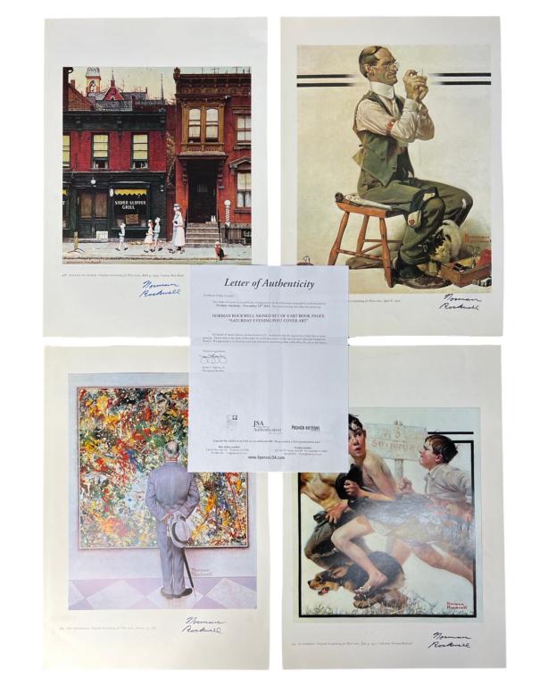 Norman Rockwell Signed/ Autographed Art Book Pages: Set of 4 Norman Rockwell Autographed/ Signed Art Book Pages "Saturday Evening Post Cover Art". 17" x 12". Come with Certificate of Authenticity. Condition: Good. We truly believe that this item is aut