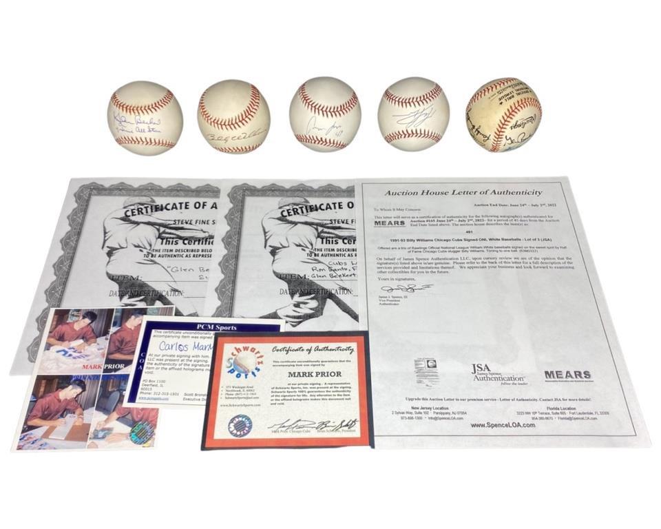 5 Chicago Cubs Legends Signed Baseball Balls: Lot of Five Chicago Cubs Legends Signed/ Autographed Baseballs. One is multi signed by Ron Santo, Fergie Jenkins, Randy Hundley, Glen Beckert, Ken Holtzman, Gene Oliver, Jose Cardenal and Jim Hickman.
