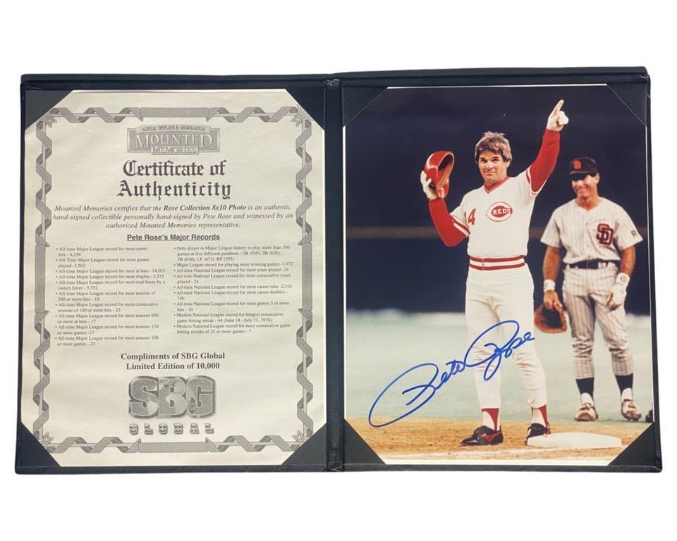 Pete Rose Autographed/ Signed Baseball Photo: Pete Rose Signed/ Autographed 8" x 10" Photograph in SBG Global Limited Edition Binder with COA. Condition: Good. We truly believe that this item is authentic, but Esquis Auctions does not have specia