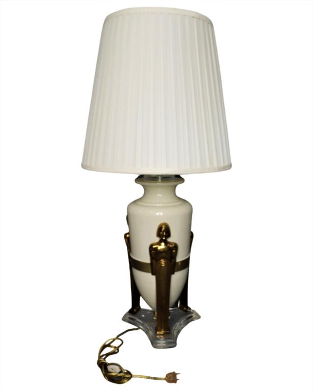 Vintage Wescal Art Deco Table Lamp- Figure Columns: Vintage Wescal Art Deco Style Lamp. Lucite Base, Figure Columns on Sides, Lucite Finial. Measures 33" tall with 17" dia shade. Good Condition.