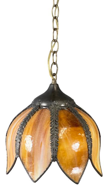 1970's Orange Hanging Tulip Slag Glass Lamp: Early 1970s Orange Hanging Slag Glass Tulip Lamp by Gramercy Park Lighting. 10" tall & 10" in diameter. Good Condition.