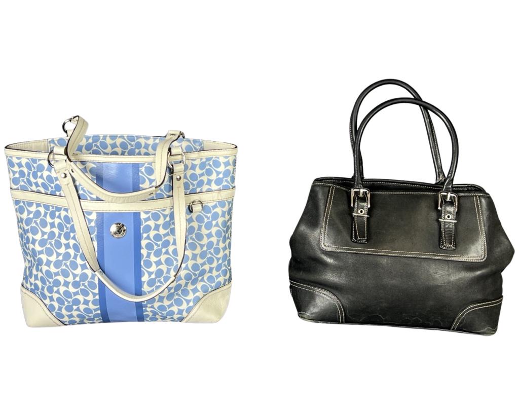 Two Leather Coach Handbags/ Purses/ Bags: Two Coach Ladies Handbags/ Bags. 12" x 14" x 4" and 12" x 9" x 5". Good overall condition, some age related wear. Esquis Auction does not have specialists on designer purses and handbags and we can no