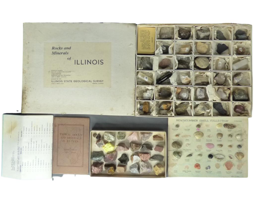 Rocks & Minerals of Illinois Kit & Beachcomber She: Rocks & Minerals of Illinois Kit & Beachcomber Shell Collection with booklet and other stone collection.