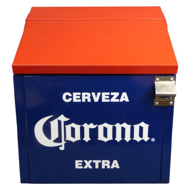 Corona Extra Beer Metal Bottle Cooler: Corona Extra Beer Metal Bottle Cooler. This metal red and blue Corona ice chest is constructed with galvanized metal interior to keep your beer perfectly chilled. New, never been used.