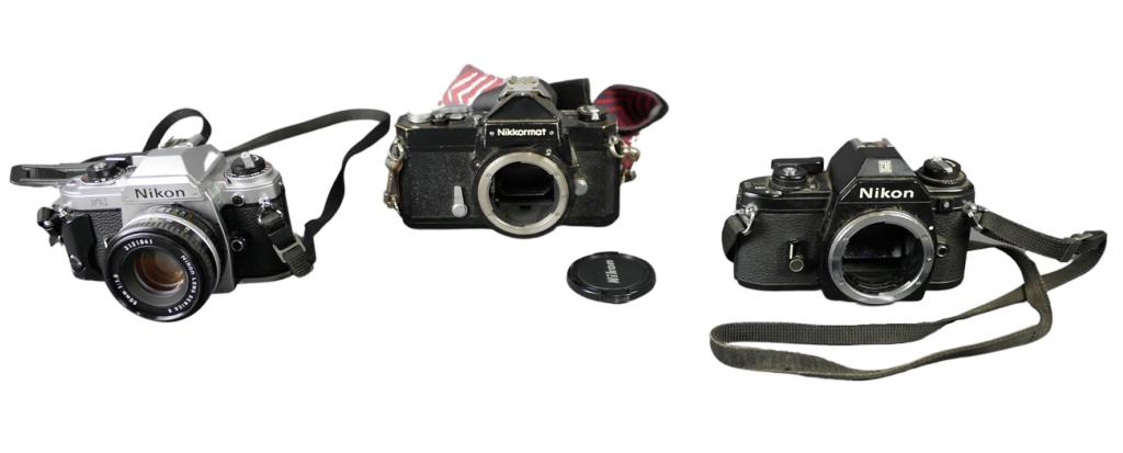 3 Vintage Nikon Film Cameras: 3 Vintage Nikon Film Cameras- Nikon FG, Nikon Nikkormat and Nikon EM. Appear to be in good overall condition, minor age relaetd wear, untested.