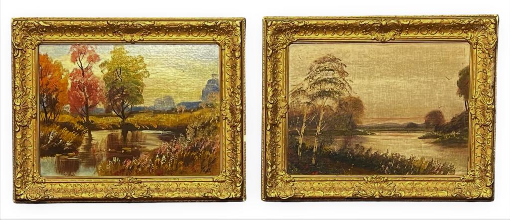 Unknown Artist- Early 20th C. Landscape Paintings: Unknown Artist (early 20th Century, American School). Two Landscape Oil on Board Paintings in matching original period frames. One is signed lower right corner-Souto (?). Both have NYC Hale Art Studio