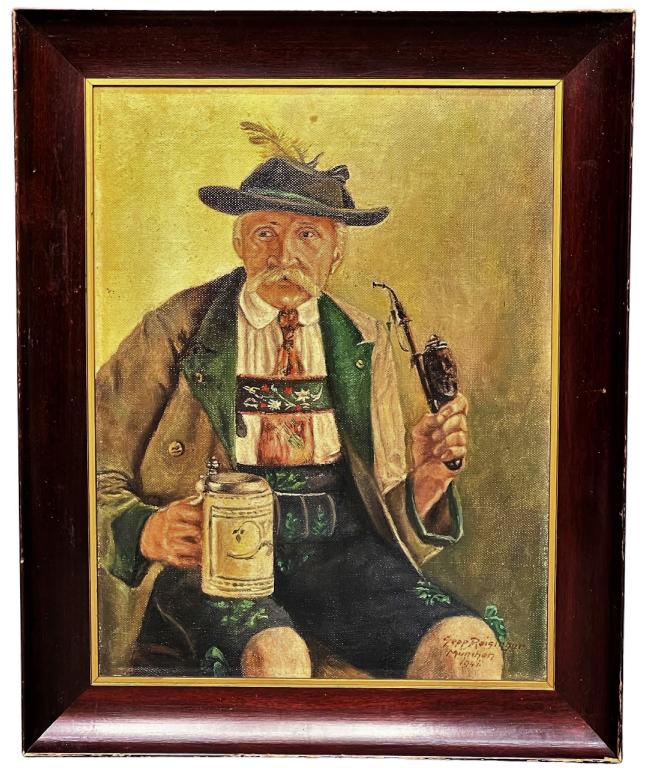Sepp Reisinger- Bavarian Man 1941 Oil Painting: Sepp Reisinger (20th Century, Germany). Portrait of Bavarian Gentleman with Beer Stein and Smoking Pipe. Oil on Canvas. Signed lower right corner, Munich 1941. Measures 16 1/2" x 20" framed. Good Cond