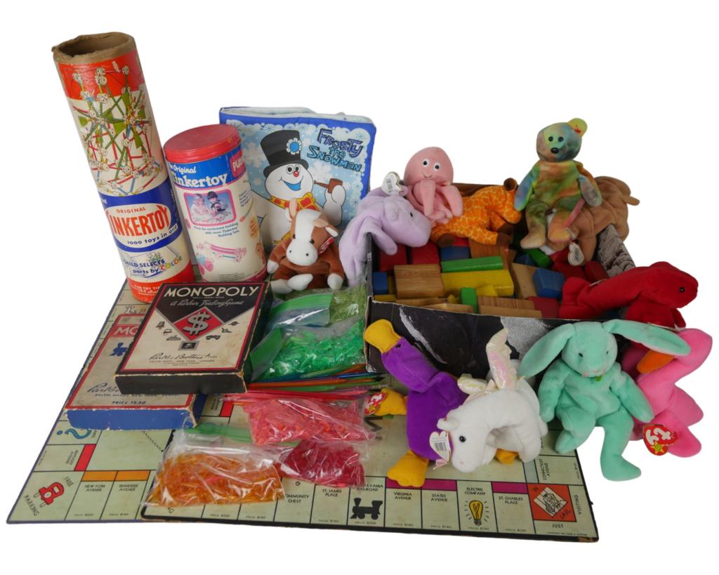 Original Tinkertoy Toys, Board Games, Beanie Babie: Original Tinkertoy Toys, Board Games, Beanie Babies, Wood Blocks, etc..