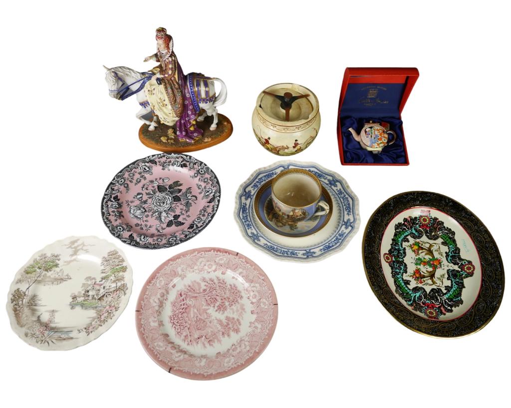 English Porcelain Collectibles- China Plates, Figu: English Collectibles. China Plates by J. & G. Meakin, English Ironstone, Spode, Mason's. Vintage Royal Winton Tobacco Jar handpainted with hunting scenes. Charlotte di Vitta Enamel Numbered Edition Te
