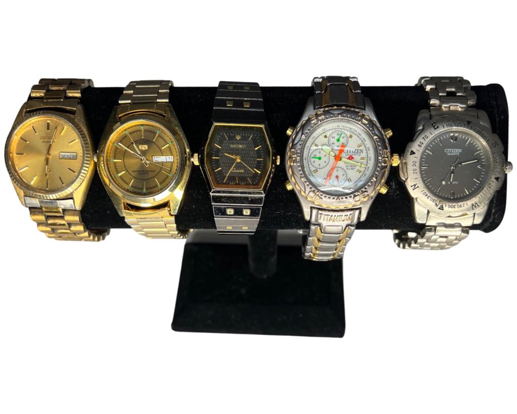 Lot of Vintage Men's Citizen & Seiko Wrist Watches: Lot of Vintage Men's Citizen & Seiko Wrist Watches. Good overall condition, some age related wear, untested.