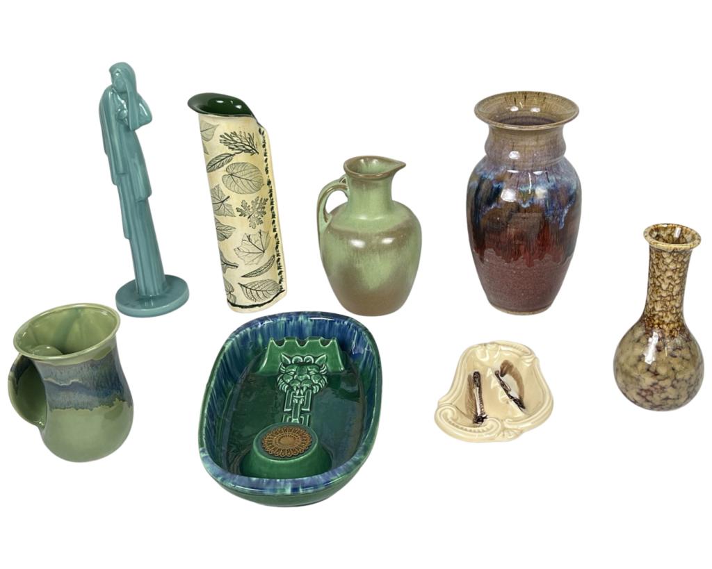 Vintage MCM Art Pottery Assortment: Group of Vintage Art Pottery including rare Roseville Hyde Park Gifts Ashtray; MCM California Pottery Ashtray; Art Deco Style Pottery Figurine; Artist Signed Vases. Tallest piece is 10". All are in go