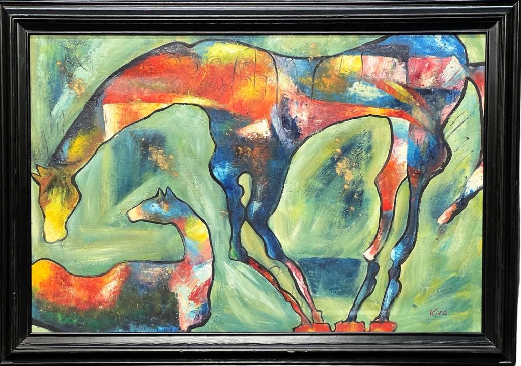 Abstract Horse Oil Painting by King: King (20th Century, American School). Abstarct Horse oil Painting on Canvas. Signed lower right corner. Measures 29" x 41" framed. Good Condition.