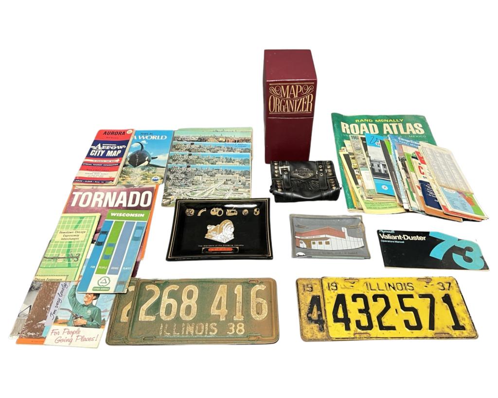 Lot of Vintage Maps, Atlases, License Plates: Group of Vintage Maps/ Atlases, Travel Booklets; Souvenir Trays, 1937 & 38 illinois License Plates and Leather Harley Davison Wallet in form of Saddlebag.