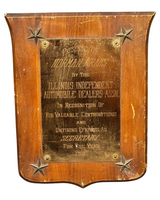 1961 ILL Dealers Assn Mr.Norms Recognition Plaque: 1961 Illinois Independant Automobile Dealers Association Mr. Norms Recognition Wall Plaque. 11" x 9". From Mr. Norms Home Office Wall.