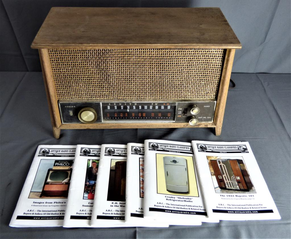 1963 Vintage Zenith Model K731 Tube Radio: 1963 Zenith Model K731 Tube Radio. Comes with Group of Antique Radio Classified Booklets. Radio shows some wear, cabinet has to be reconditioned, works.