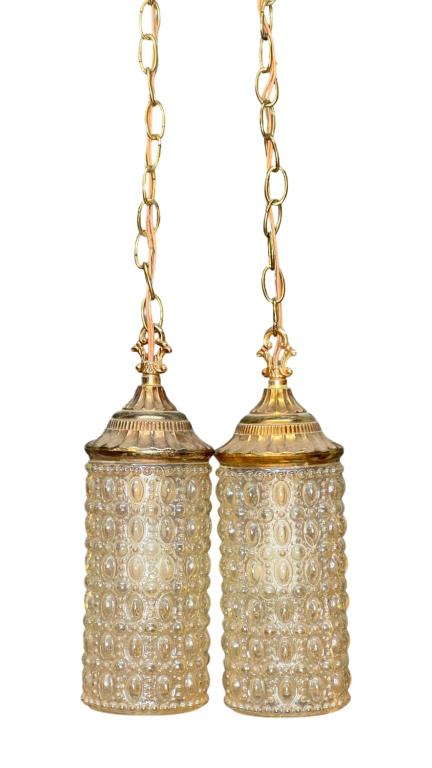 Pair of 1960's Pendant Lights- Hobnail Glass: Pair of 1960's Pendant Lights with Hobnail Glass Texture. Total Length is 43", Shades are 13" x 5". Good Condition.