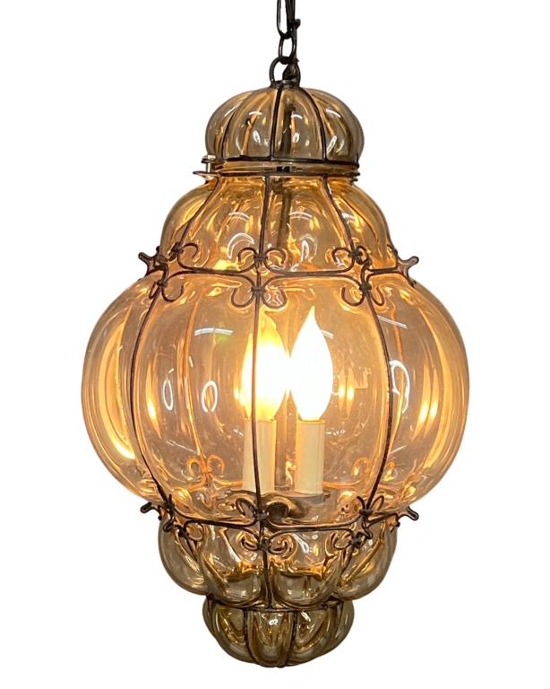 Vintage Venetian Mouth Blown Glass Pendant Light: Mid Century Venetian Mouth Blown Glass Pendant Light with Ornate Metal Frame. Approx. 19" x 12". Good overall condition.
