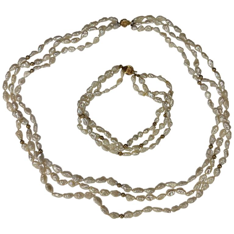 Genuine Rice Pearls Necklace & Bracelet w 14k Gold (1 of 7)