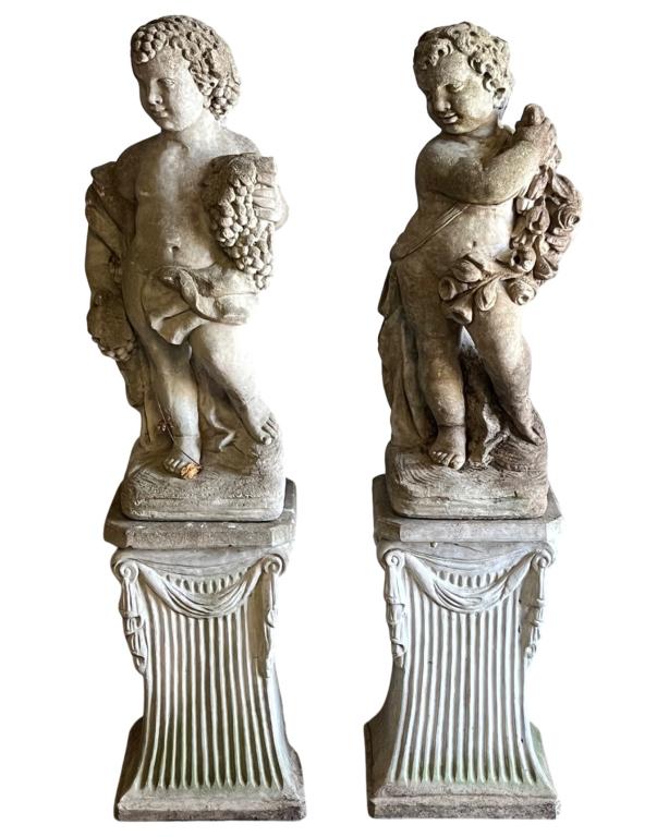 Pair of Stone Cherub Garden Statues on Pedestals (1 of 4)