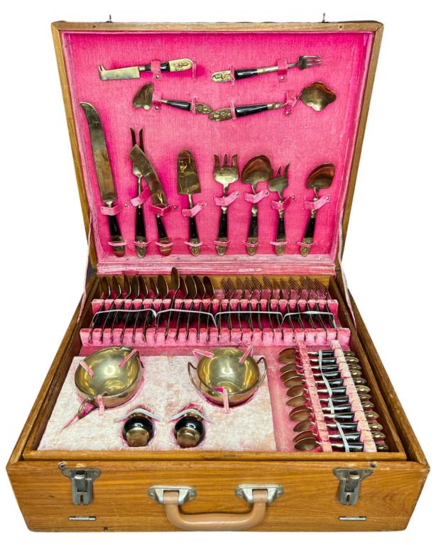 Large 148 pcs Siam Thai Brass & Rosewood Flatware (1 of 7)