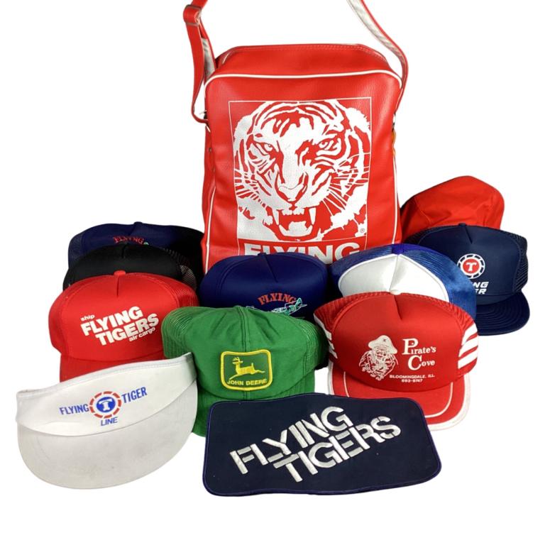 Vintage Flying Tigers Cargo Airline Cap Hats & Bag: Vintage Flying Tigers Cargo Airline Cap Hats & Carry On Bag. Come with Vintage John Deere Cap and Pirate's Cove Cap Hat. Good Condition.