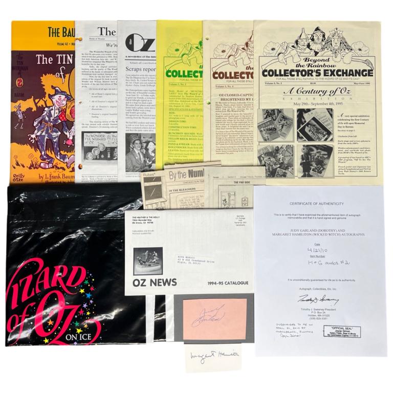 Judy Garland Autograph & Wizard of Oz Collectibles: Judy Garland (Dorothy) and Margaret Hamilton (Witch) Autograph/ Signature Cuts and "Wizard of Oz" Collectibles including Newsletters, Magazines and more. Come with Certificate of Authenticity. Conditi