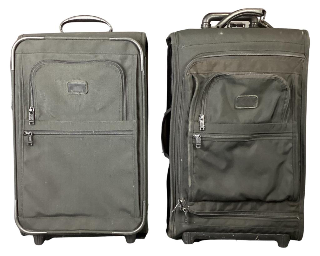 Tumi Carry on Travel Luggage Cases: Two Tumi Travel Luggage Cases. 23" x 14" x 9" & 23" x 14" x 8". Used, show some normal wear.