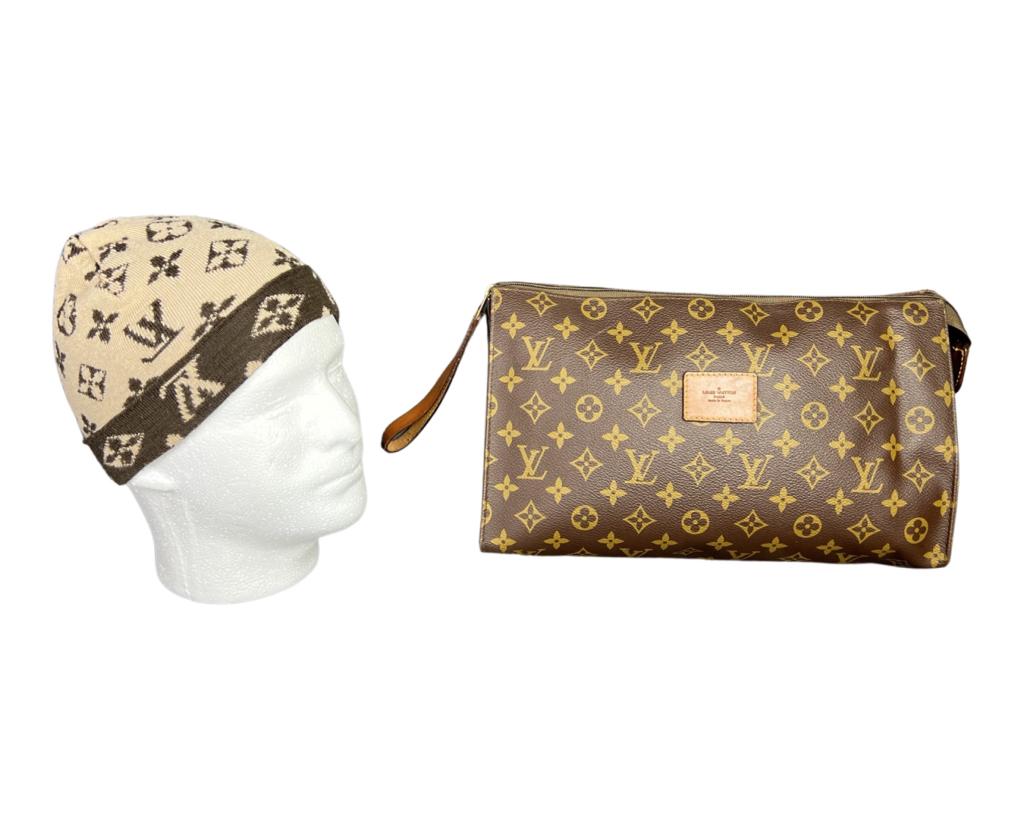 Louis Vuitton Brown Monogram Pouch Bag & Hat: Louis Vuitton Brown Monogram Pouch Bag and Louis Vuitton Hat. Pouch is 13" x 8" x 3". Both are in good condition. Esquis Auction does not have specialists on designer purses and handbags and we can no