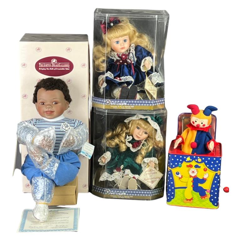 Group of Porcelain Dolls & Jack in the Box: Group of Porcelain Dolls including Ashton-Drake Galleries "Diddle Diddle Dumpling" (sealed in Box); Ashton-Drake Galleries "Diddle Diddle Dumpling" (Mint, open Box); Two Gift Gallery Music Porcelain W