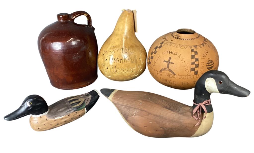 Wood Carved Duck Decoys, Stoneware Jug, Gourd (1 of 12)