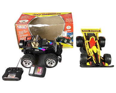 Vintage Nikko High Octane RC Racing Car & Jeep Wra: Vintage Nikko RC Cars- High Octane Racing Car and Jeep Wrangler. Jeep comes with original box and remote control, both have batteries.