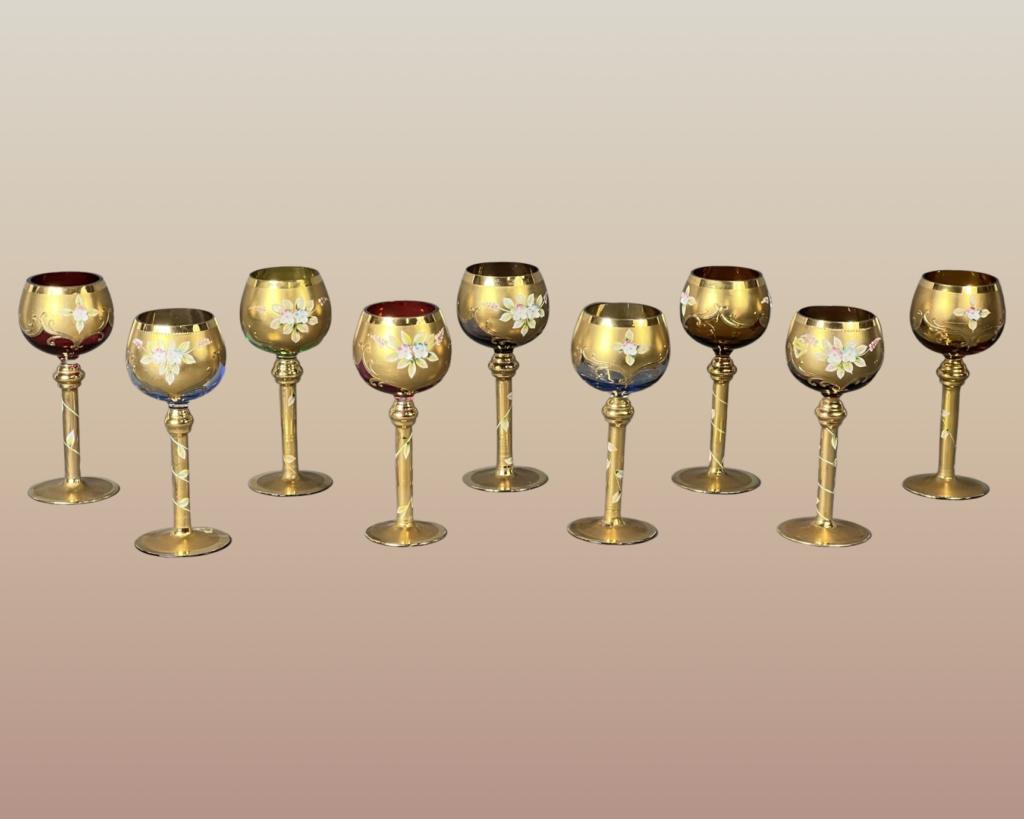 Bohemian Enameled & Gold Painted Wine Glasses: Vintage Bohemian "Queen Helene" Enameled & Hand Painted Wine Glasses/ Goblets. Set of 9. 8" tall. All are in good condition.