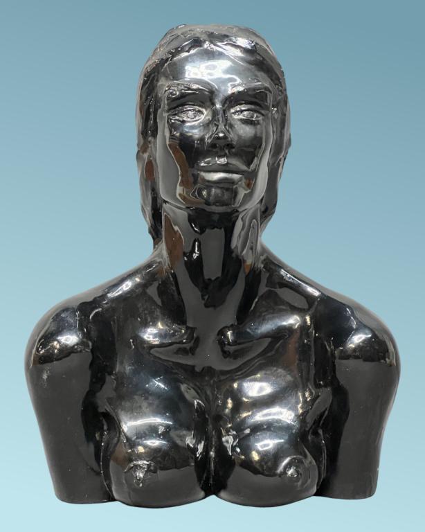 William Robertson- Nude Woman Acrylic Sculpture: William Robertson (20th Century/ American). Bust of a Young Nude Woman. Black Acrylic. Signed lower back. 20" x 16".