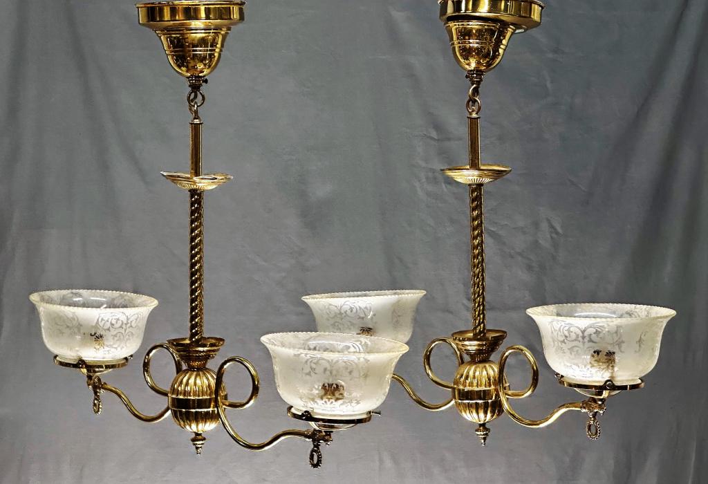 Pair of Vintage 2 Arms Chandeliers w/ Etched Glass (1 of 3)